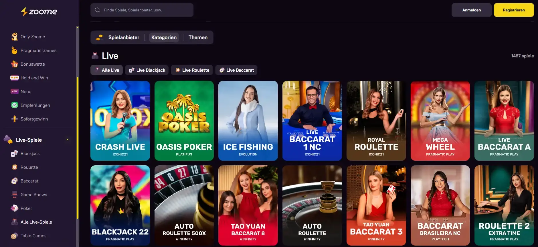 Zoome Live-Casino-Lobby mit Live-Dealer-Spielkacheln