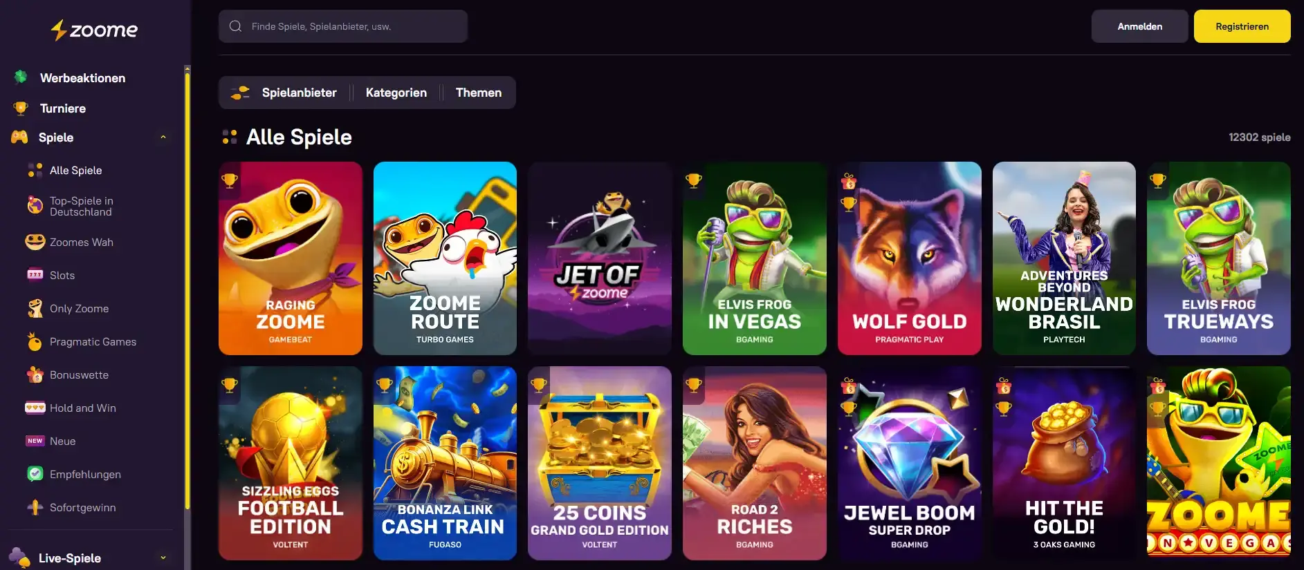 Zoome Spiele-Lobby mit Kategorien und Anbietern